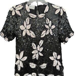Stenay Silk Black Sequin Floral Beaded Top Women’s Small